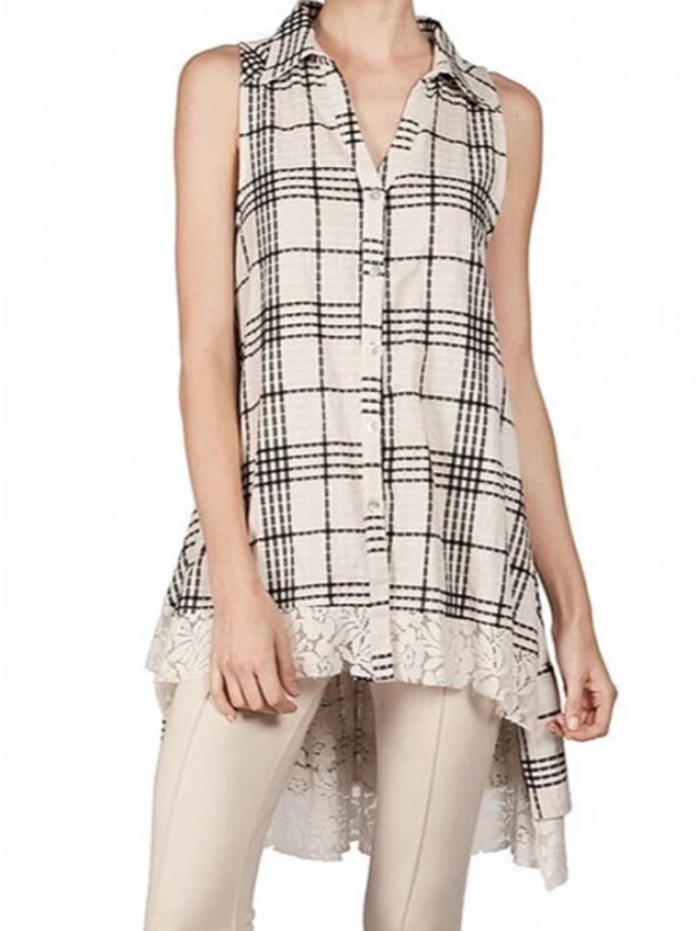 A'Reve Cream Plaid Sleeveless Button Shirt with Lace Hem